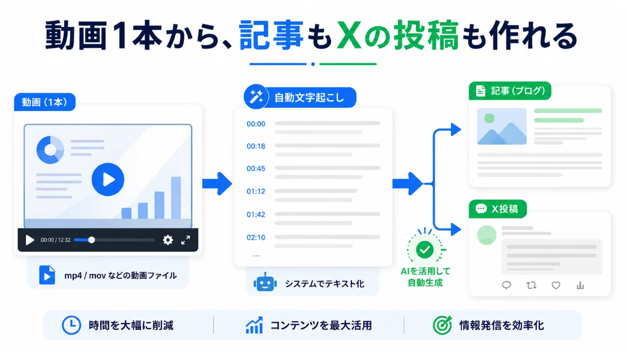動画からテキスト化し記事やX投稿へ展開するイメージ