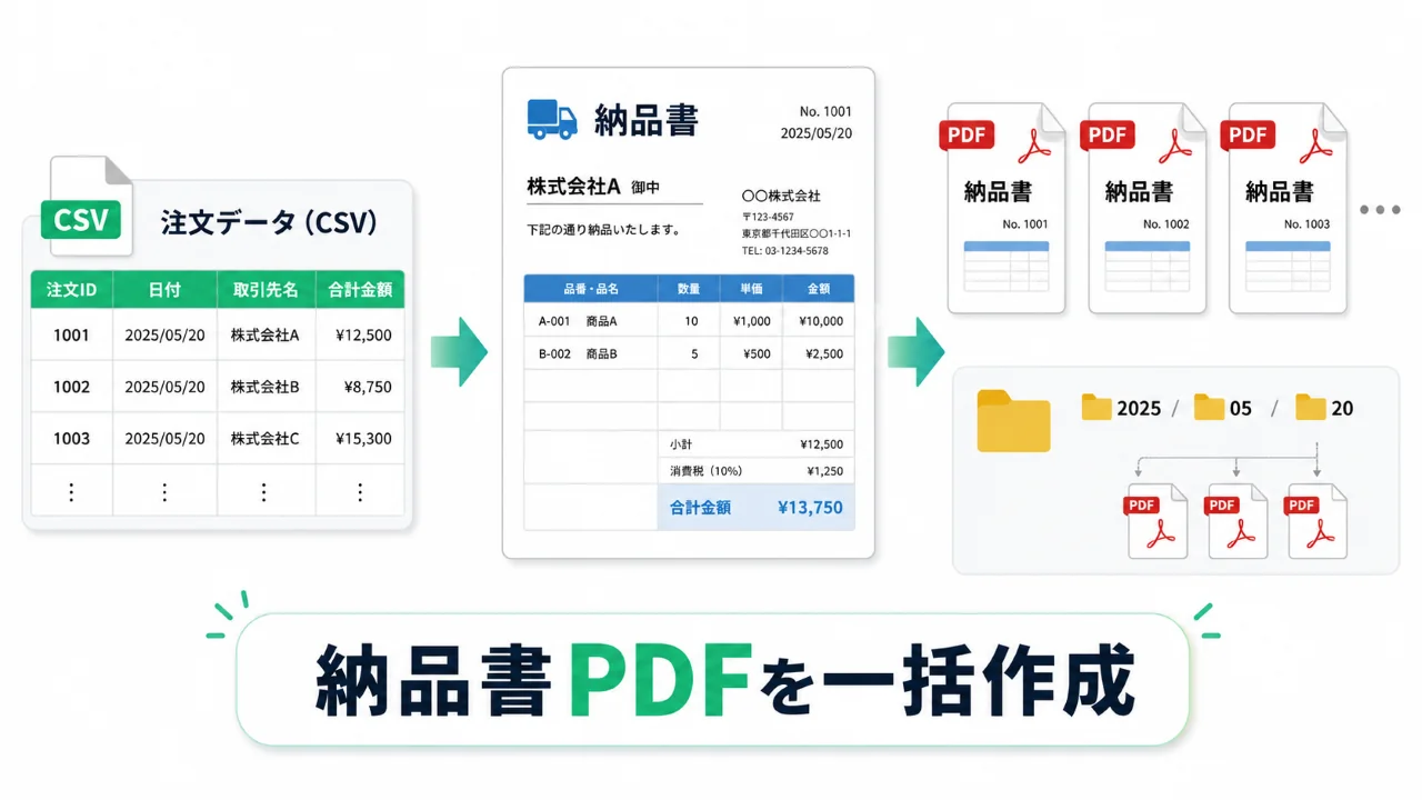 CSVデータから納品書PDFを一括作成するイメージ