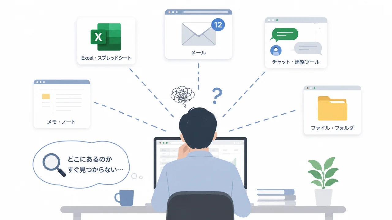 Excelやメール、チャットなど複数の場所に情報が散らばっているイメージ