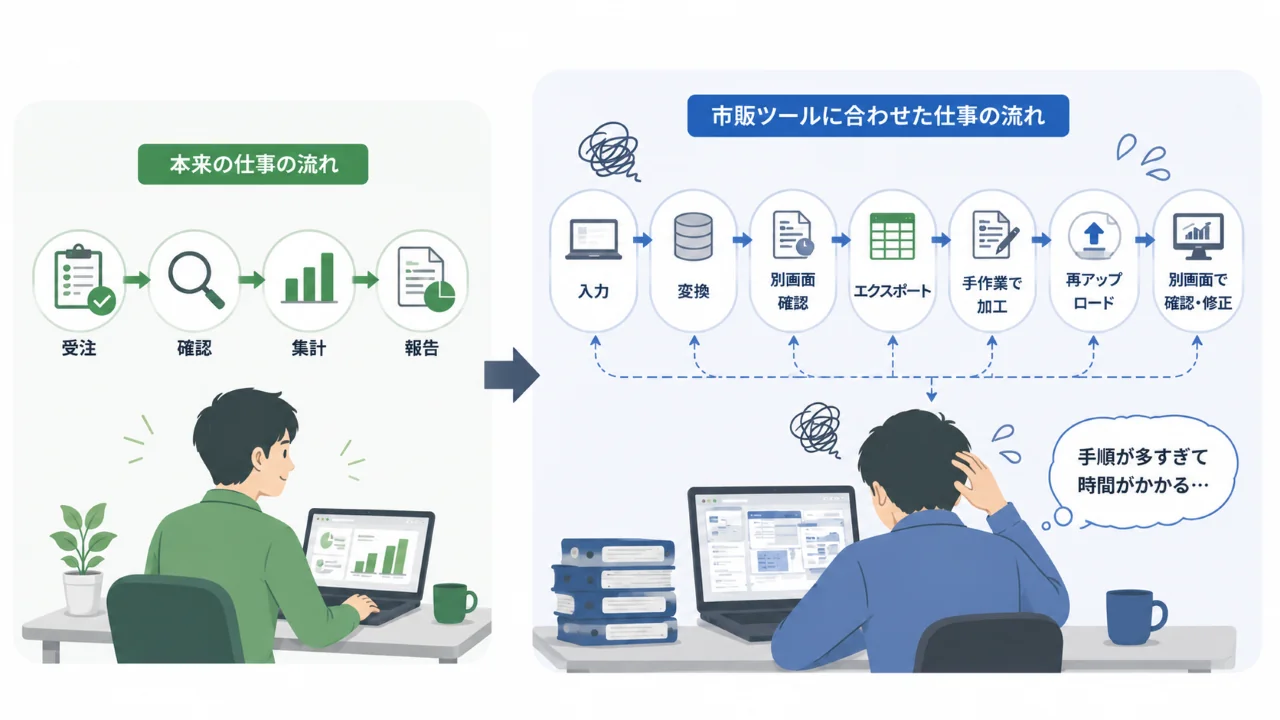 市販ツールに合わせることで仕事の流れが複雑になっているイメージ